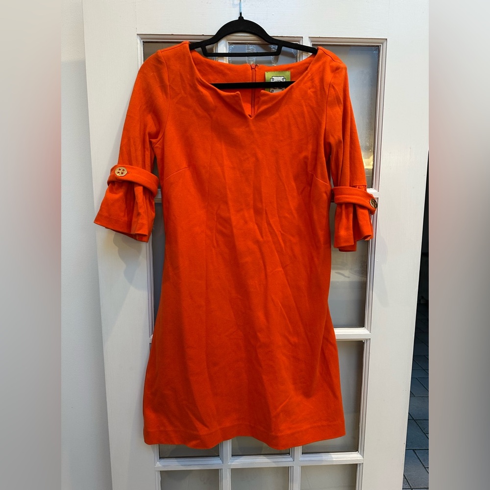 Elizabeth McKay Orange Cotton Chic Dress with Button Tab Sleeves Size 8 Medium